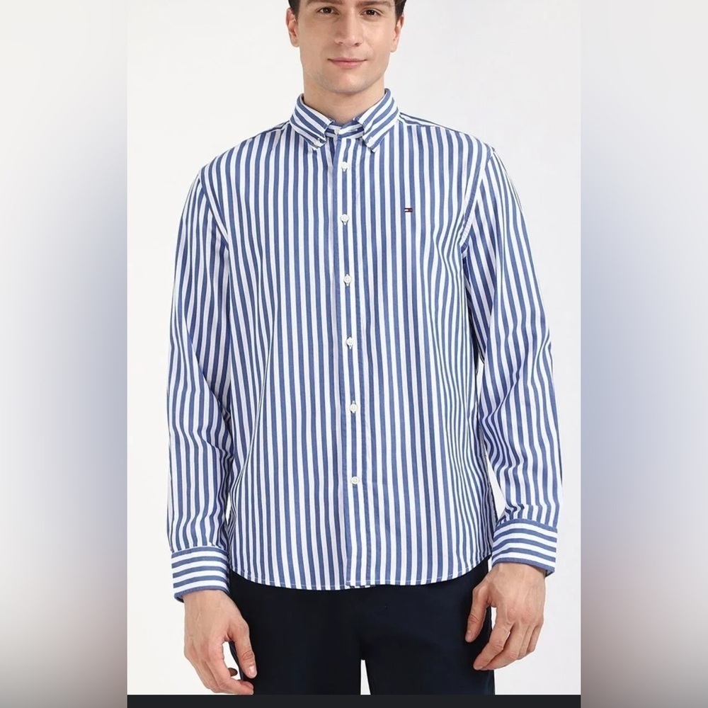 Tommy Hilfiger Blue and White Striped Dress Shirt size L